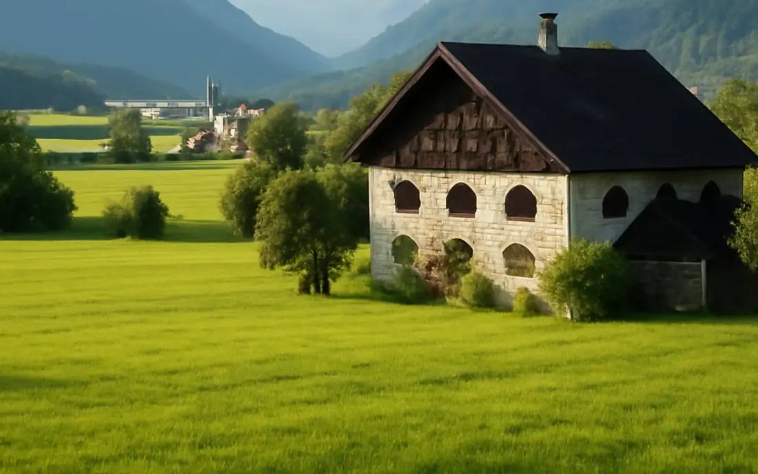 Ein ruhiges Dorfhaus umgeben von grünen Wiesen und sanften Hügeln.