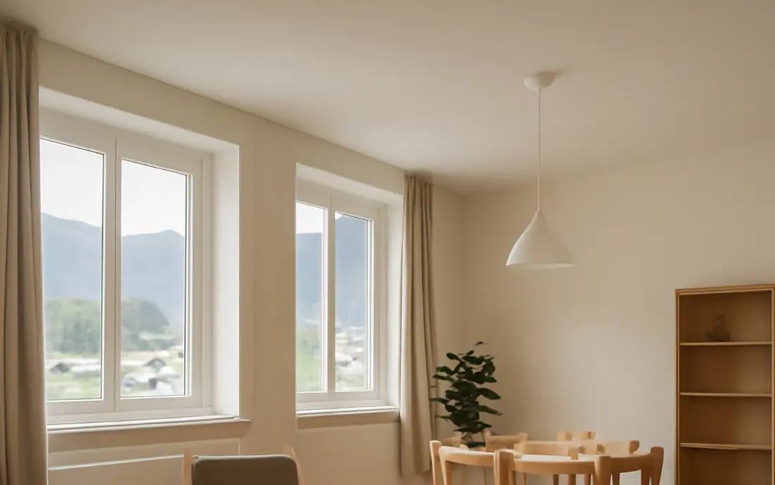 Ordentlicher Gemeinschaftsraum mit minimalistischen Möbeln und viel Tageslicht.