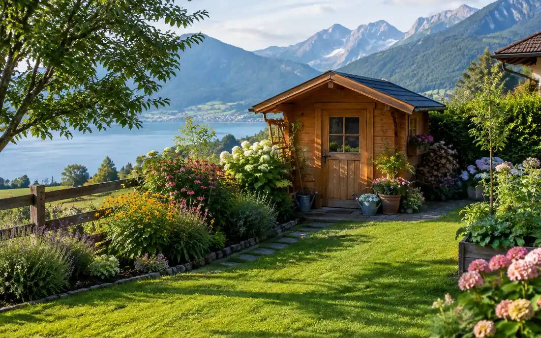 Ein aufgeräumter Gartenschuppen umgeben von bunten Blumen und grünem Gras.