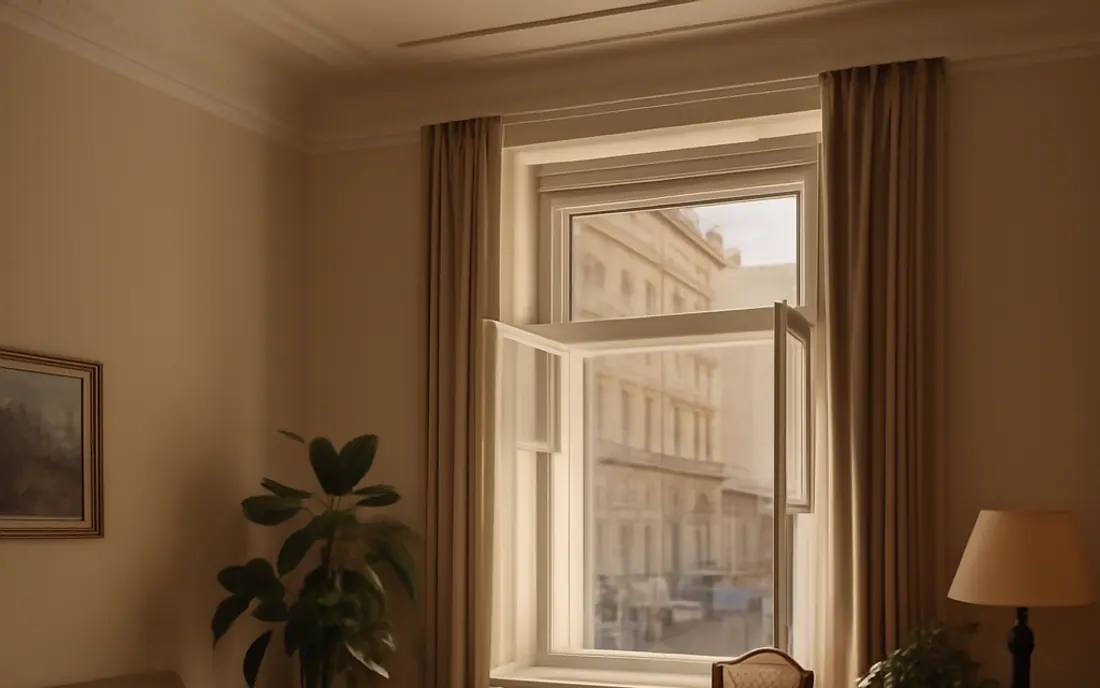 Leerer Altbauraum mit Kartons am Fenster