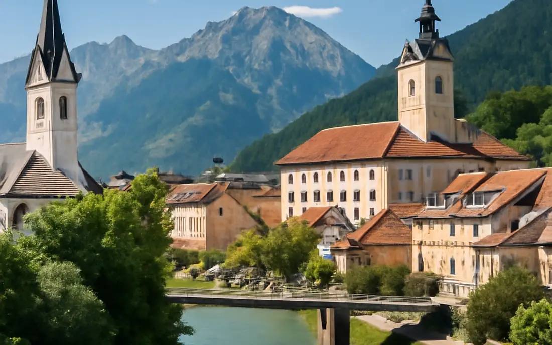 Lienz mit traditionellen Häusern und grünen Wiesen unter blauem Himmel.