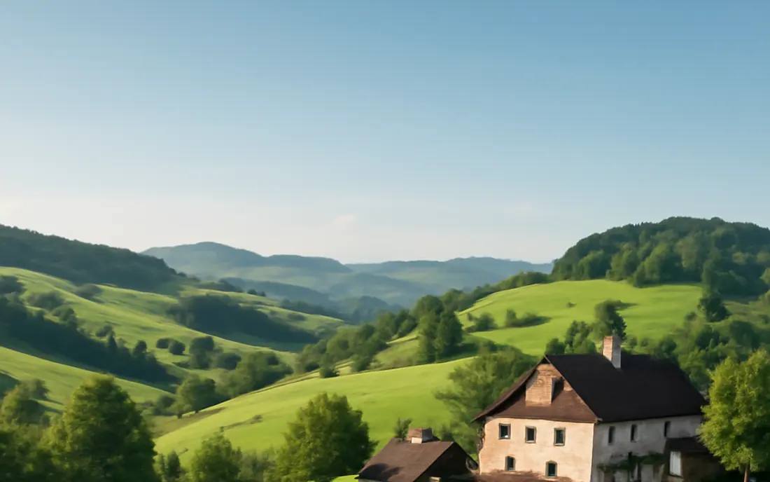 Ruhige ländliche Landschaft mit sanften Hügeln und einem Bauernhaus.