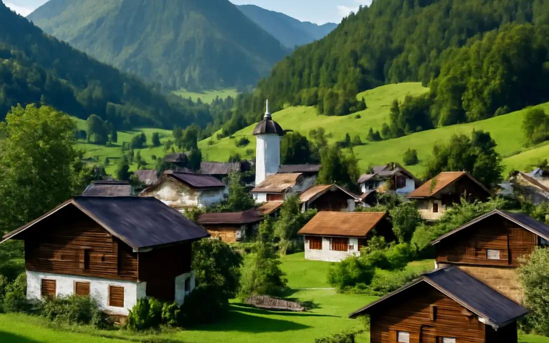 Ruhige ländliche Szenerie mit traditionellen Holzhäusern und sanften Hügeln.