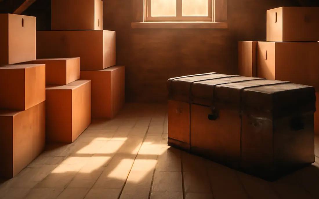 Ein aufgeräumter Dachboden mit Sonnenlicht, Holzbalken und Kisten.