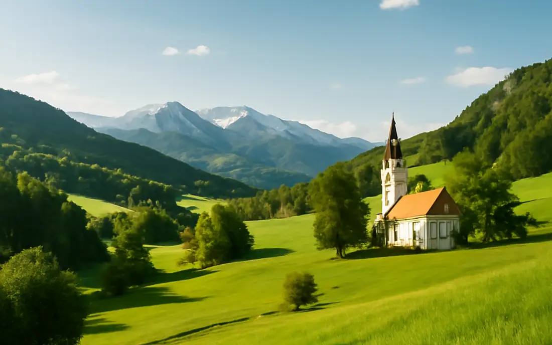 Ruhige Hügel mit sanften Wiesen und klarem Himmel in Österreich.