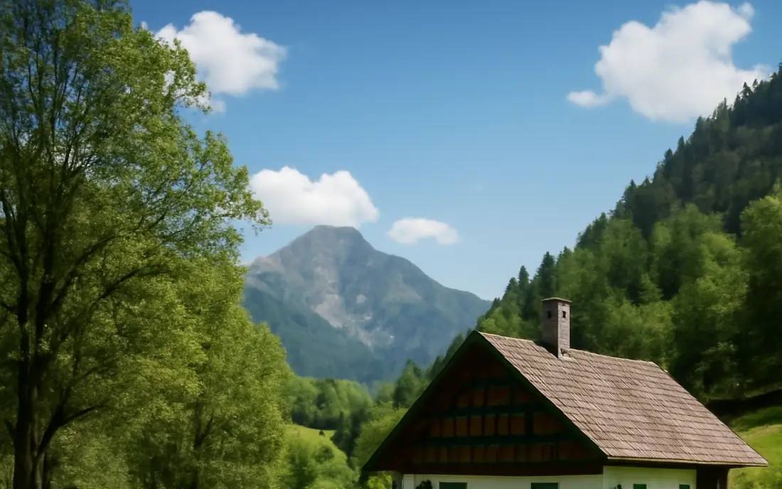 Ein ruhiges, ländliches Bild mit einem kleinen Häuschen, umgeben von Wiesen und Bäumen.