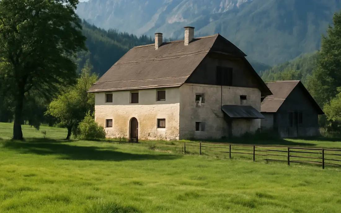 Ein altes Bauernhaus umgeben von grünen Wiesen und Bergen.