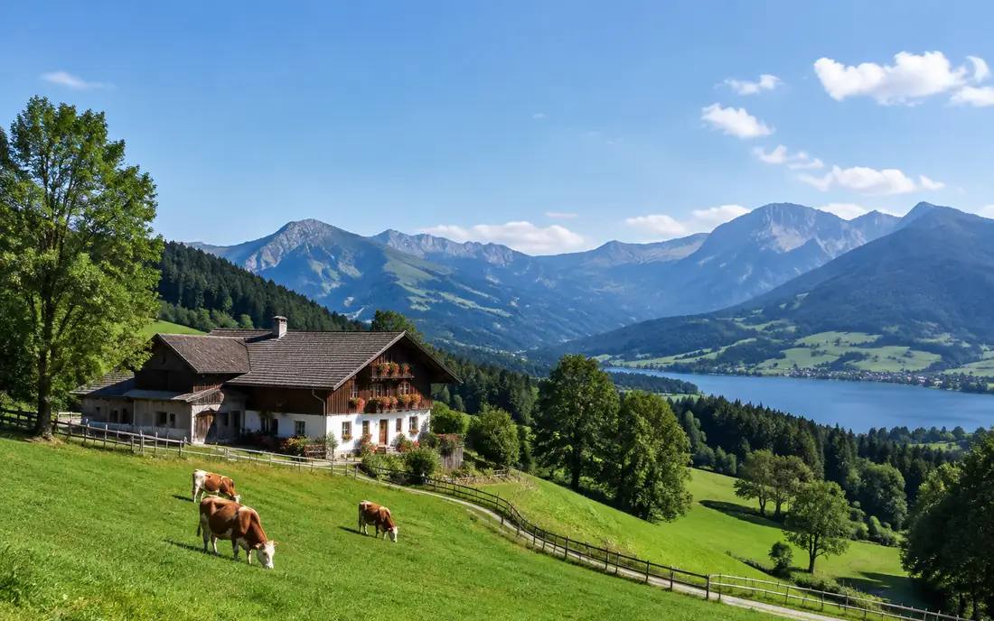 Ruhige Landschaft mit sanften Hügeln und einem alten Bauernhaus.