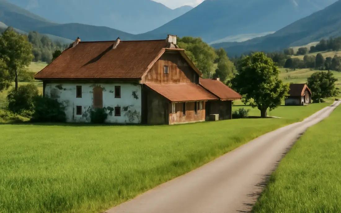 Ländliche Idylle mit einem Bauernhaus, umgeben von Wiesen und Bergen.