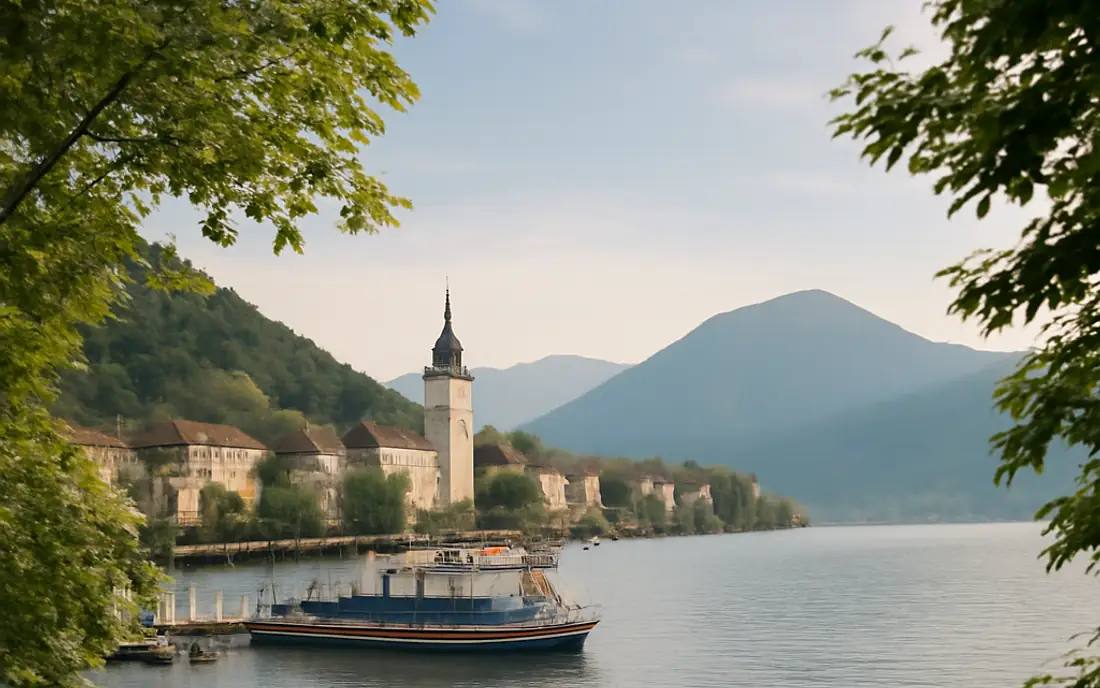 Ruhige Seepromenade in Gmunden mit Blick auf die umliegenden Berge.