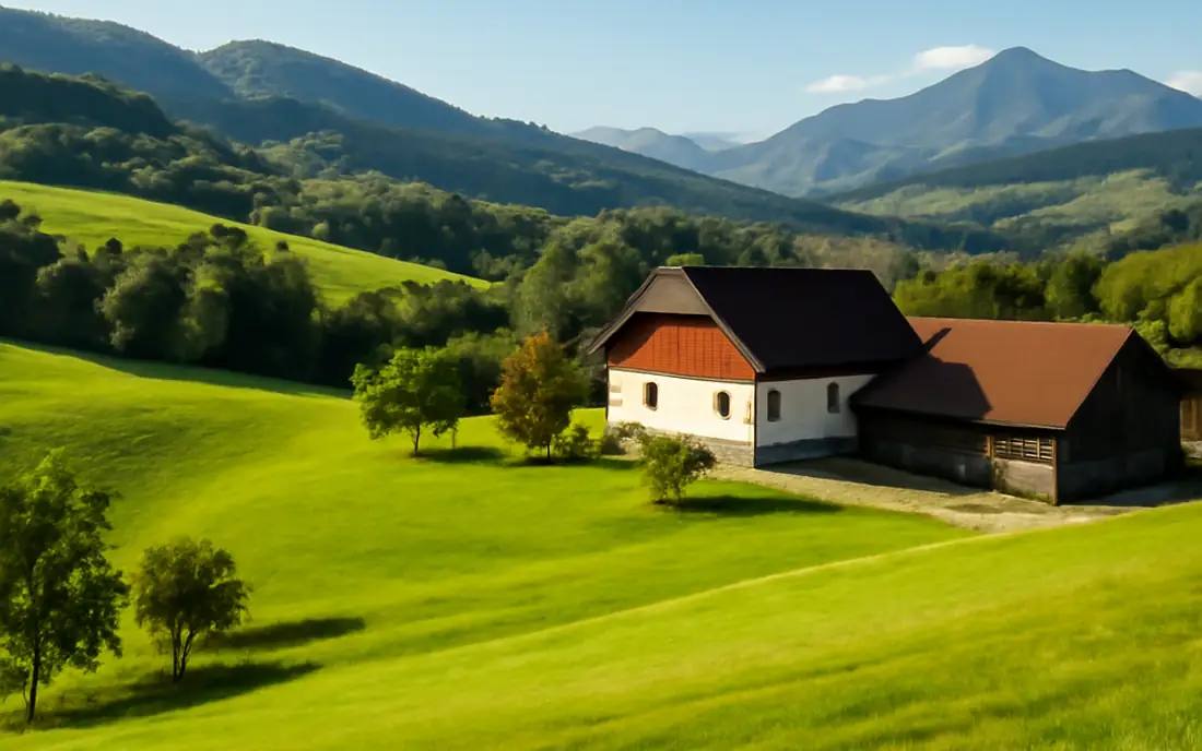Landschaft mit sanften Hügeln, Wiesen und einem kleinen Bauernhaus.